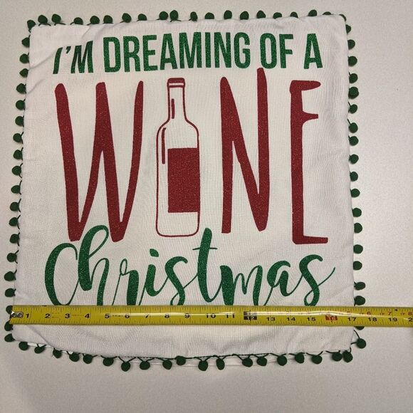 Pillow cover, (1), off white green red, sparkle, green pompom trim - Picture 2 of 7